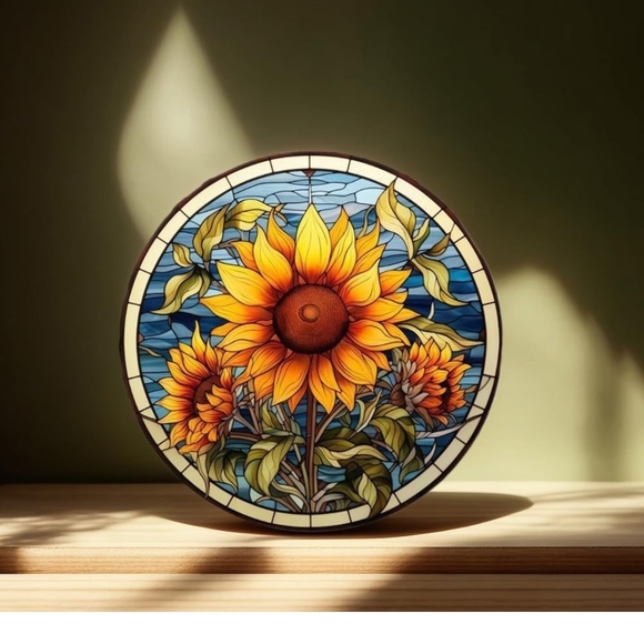 Sunflower Stained Suncatcher- Vibrant Yellow and Blue Made Of Acrylic - Picture 6 of 6